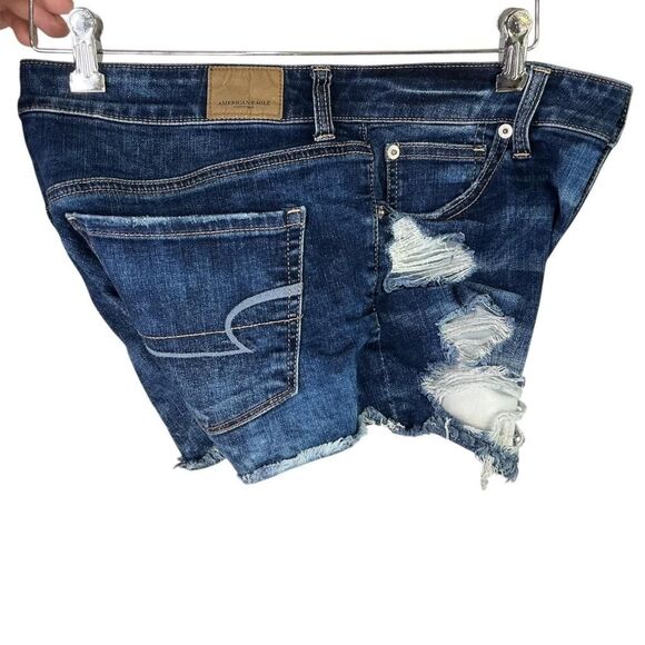 American Eagle Jean Shorts Women 10 Blue Hi-Rise Shortie Super Stretch Distress - Picture 3 of 8
